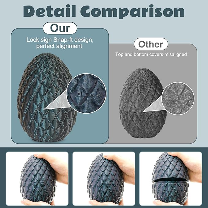 Dragon Eggs with Dragon Inside, 3D Printed Surprise Funny Gifts for Kids, Articulated Dragon Fidget Toys for Adults, Executive Desk Toys Office Room Décor (Shiny Black, M-Size)