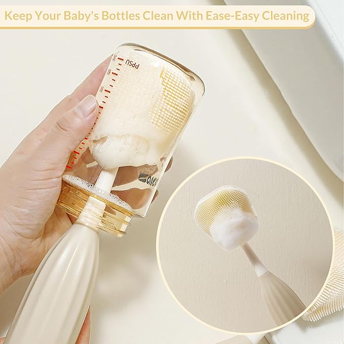 Baby Bottle Brush Kit with Push-Press Bubble and Drying Rack for Bottle Cleaning, Bendable Bottle Cleaner Brush for Baby Bottles, Breast Pumps, Nipples, Straws and More. Perfect for Home&Travel