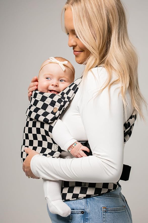 Mabē Monarch Ergonomic Baby Carrier – Premium Cotton Soft Structured Newborn to Toddler Carrier with Hip-Healthy Design, 3 Carry Positions (7-35lbs), Lightweight & Breathable, (Ebony Check)