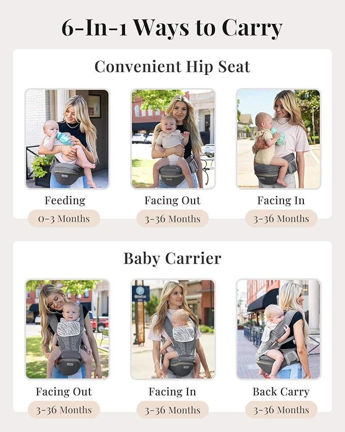 MOMTORY StowNGO Pro Baby Carrier, Safety-Certified 6-in-1 Baby Carrier Newborn to Toddler, Detachable Baby Holder Carrier with Hip Seat, Ergonomic Cozy Baby Front and Back Carrier for 7-50lbs