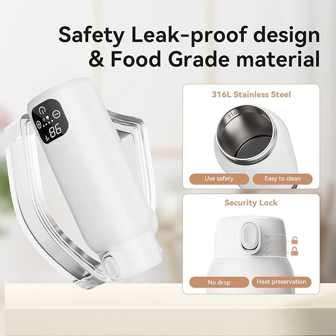 Portable Bottle Warmer for Travel - 3-Min Fast Heating for Breast Milk, Formula & Water, 17oz Large 316L Stainless Steel Flask, Long Battery Life, Precise Temp Control for Car/Airplane