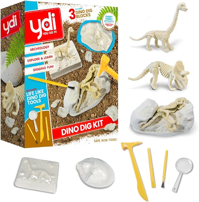 Dinosaur Fossil Digging Kit for Kids, Excavation Science Toy with Tools & 3 Dinosaur Skeletons (T-Rex, Triceratops, Brachiosaurus), Fun Educational Gift for Boys & Girls, Ages 6+