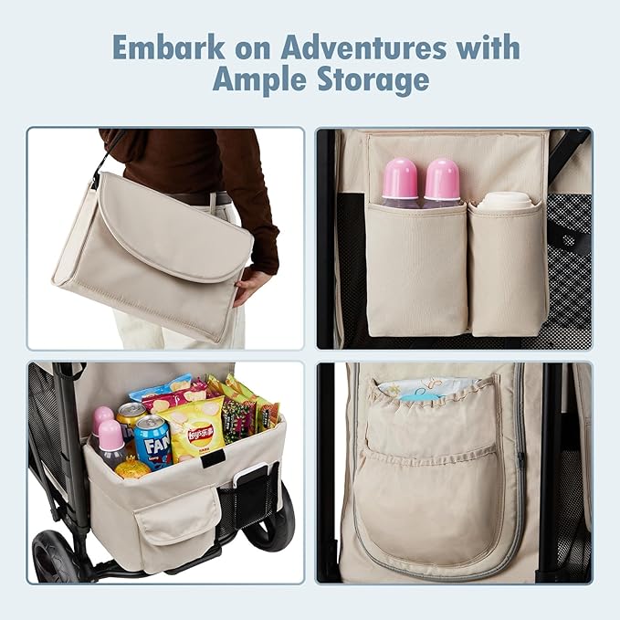 Wagon Stroller for 2 Kids, High Seat & 5 Point Harness, Foldable All-Terrain Wagon for Toddler with Canopy, Parent Organizer, Shoulder Bag, Adjustable Handlebar, Ultimate Double (Beige)