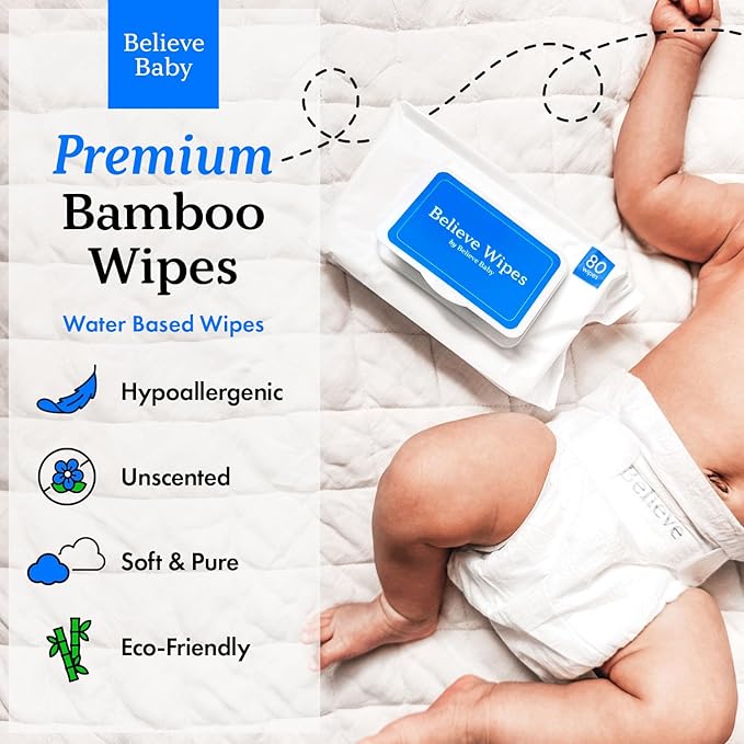 Believe Viscose Bamboo Baby Wipes Travel-Size 10pc-10 packs, Multi-Use Water Based Wipes Baby Sensitive Skin, Hypoallergenic and Fragrance Free for Babies – Gentle Plant-Based Viscose Bamboo Wet Wipe