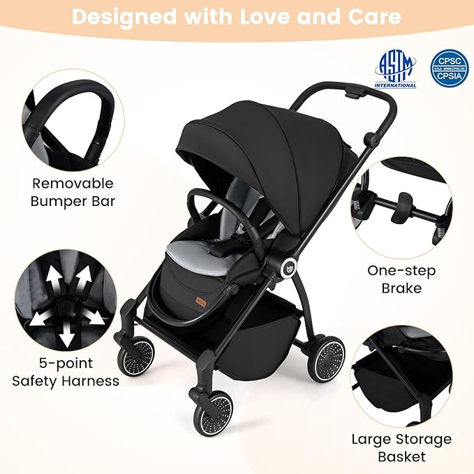 BABY JOY Baby Stroller, Foldable Toddler Stroller with Reversible Seat, Adjustable Backrest/Canopy/Handle/Footrest, Storage Basket, Suspension Wheels, Aluminum Frame (Black)