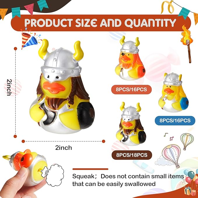 Deekin 50 Pcs Assorted Viking Rubber Ducks in Bulk, 2 Inch Rubber Duckies for Medieval Themed Party Supplies, Mini Bath Toys for Baby Shower Pool Party