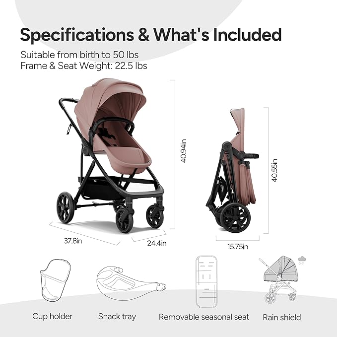 Mompush Wiz Pro 4-in-1 Baby Stroller with Bassinet Mode, Full-Size All-Terrain Premium Stroller from Newborn to Toddler, Snack Tray Included for Easy Feeding & Outing, Lay-Flat in Seconds