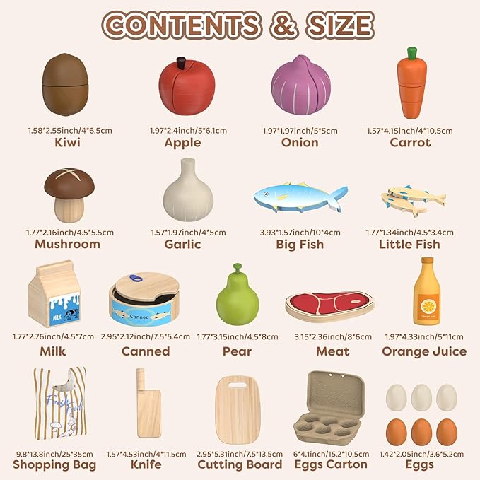 Wooden Play Food Toys for Kids - Pretend Play Kitchen Accessories Toy Set for Toddlers, Cutting Fruits Vegetables Toys Gift for Boys Girls Ages Over 3 Year Old