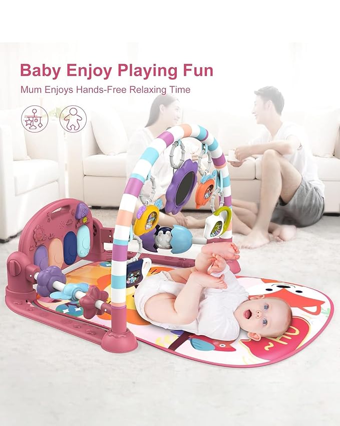 dearlomum Baby Play Mat Gym, Funny Play Piano Tummy Time Activity Mat with 5 Infant Sensory Toys, Music and Lights, Boy & Girl Gifts for Newborns 0 to 3 6 9 12 Months(New Pink)