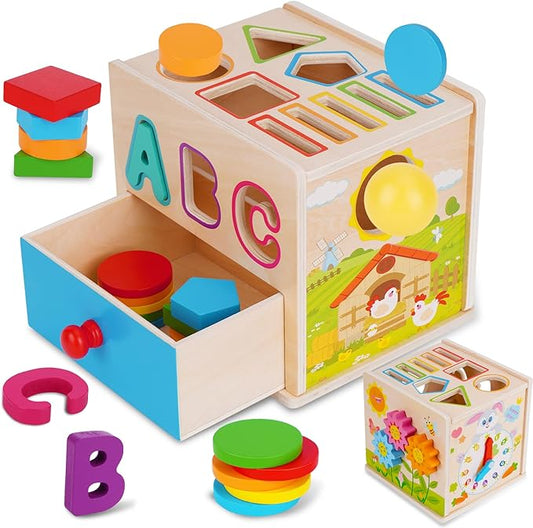 FCSONU Toddlers Montessori Toys for 1 2 3 Year Old Boys Girls, Wooden Baby Montessori Coin Box Toys for Toddlers 1-3, Shape Sorting Sensory Toys for Ages 2-3, Christmas & 1st Birthday Gifts for Kids