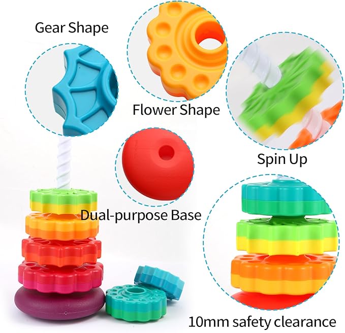 Spinning Stacking Toys - Rainbow Tower, Kids Stackable Spinning Toy, Educational Toy for Toddlers 1-3, Strong ABS Plastic, Color & Shape Recognition, Builds Sensory & Motor Skills