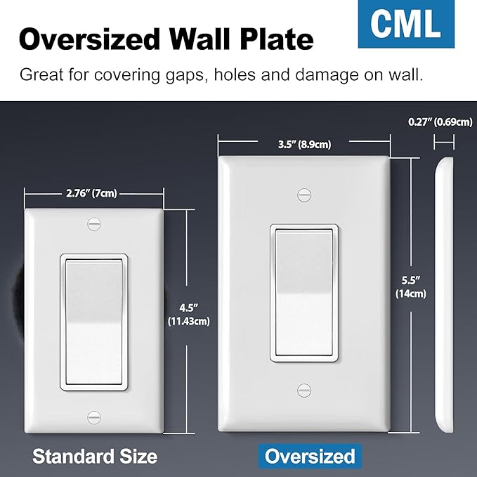 CML Jumbo Decorator Wall Plate, 6 Pack Oversized Electrical Outlet Receptacle Covers, 1-Gang White Switch Plates, Over-Size 3.5” x 5.5”, Impact Resistant, ETL Listed