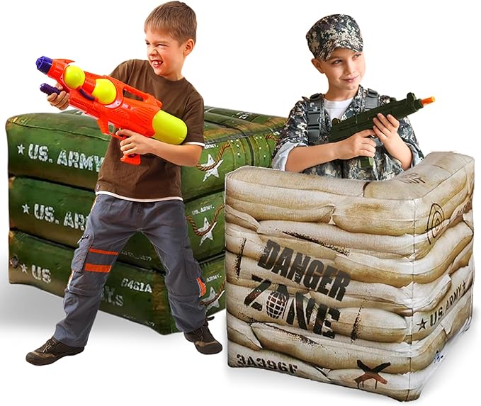 Package 4 Combat Battlefield Inflatables, Compatible with Nerf, Laser tag, Water Gun for Boys Birthday Party Activities and Decoration. Premiume Pack Include Water chember and Repair kit.
