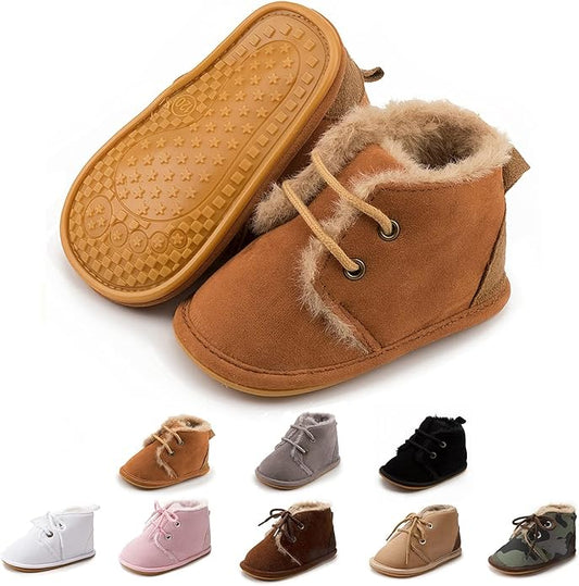Baby Unisex Warm Snow Boots Newborn Leather Fur Lace Up Ankle Anti-Slip Rubber Texture Sole Toddler Prewalker Winter Crib Shoes
