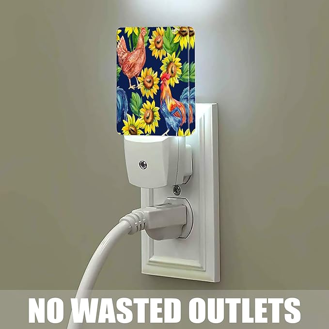 Retro Hen Rooster Night Light, Sunflowers Plug into Wall with Dusk to Dawn Light Sensors, Warm Nightlights for Bedroom, Bathroom, Hallway, Kitchen, Gifts Ideal for Boys Girls Women Men