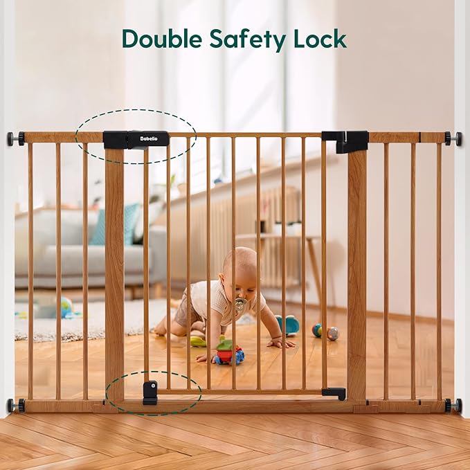 BABELIO 29-48" Metal Baby Gate with Brown Wood Pattern, Auto Close Dog Gate PressGuard P7 for The House, Stairs and Doorways, Pressure Mounted Pet Gate with Door, Safety Gate for Child and Pets