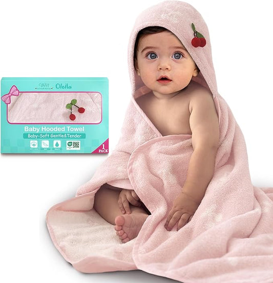 VOOVA & MOVAS Thick Baby Hooded Bath Towel - 100% Cotton,420GSM, 30.5x36 Inches,0-2Years, Super Absorbent Large Towel with Cherry Hood for Newborn,Toddler,Infant, Baby Essentials, Pink Cherry