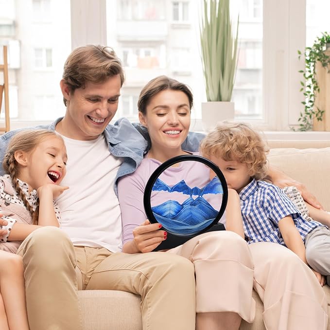 Moving Sand Art Liquid Motion, 3D Deep Sea Sandscape Color Quicksand Decor, Round Glass Moving Sand Art Picture Relaxing Desktop Home Office Work Decor (Blue, 7 inch)