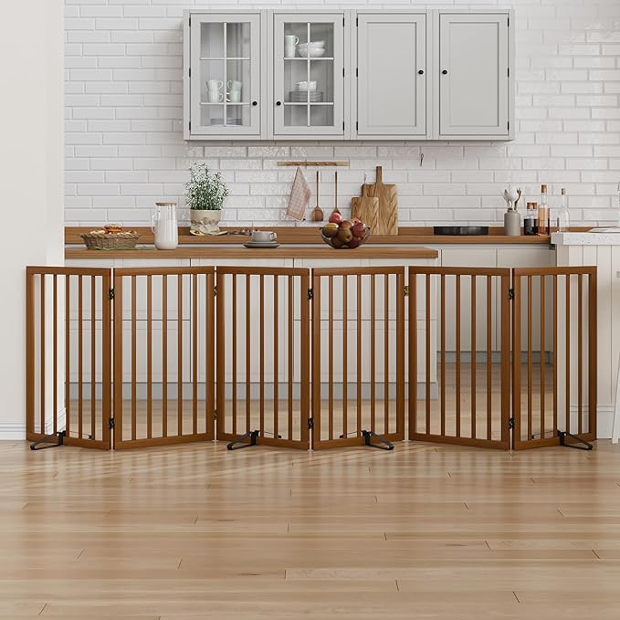 Dog Gate 32" Tall Foldable Dog Gate for Doorways Freestanding Pet Gate for Dogs Indoor (Walnut,6 Panel)