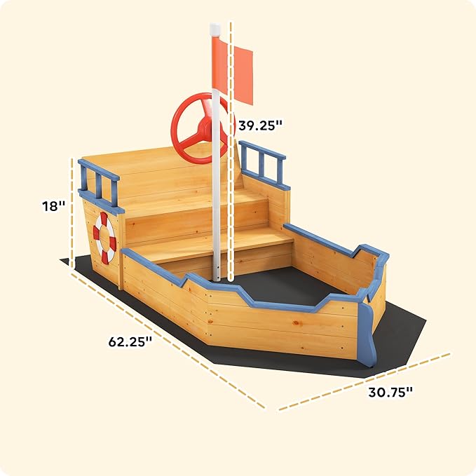 Outsunny Wooden Kids Sandbox, Pirate Ship Outdoor Sandboat with Bench Seats, Storage, Non-Woven Fabric Cloth for Backyard, Lawn, Natural Wood
