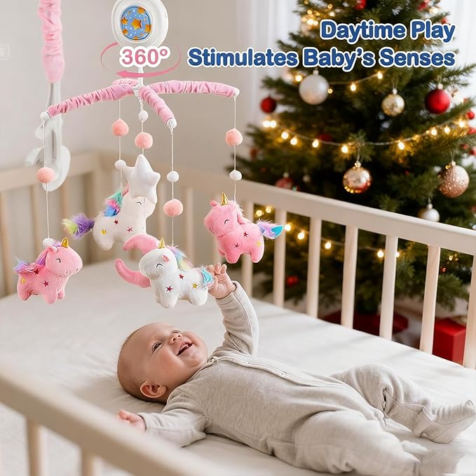 Unicorn Baby Crib Mobile for Girls with Music Box (100+ Lullabies), Rotating Plush Crib Toys for Newborns, Infant, Baby Christ & Shower Gift