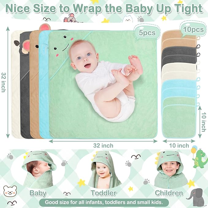 15 PCS Hooded Baby Towels, Soft Baby Towel, Absorbent Baby Bath Towel, 5 Styles Baby Towels and 10 PCS Baby Washcloths for Newborns, Toddlers, and Kids, 32x32 in Baby Towel with Hood for Boy and Girl
