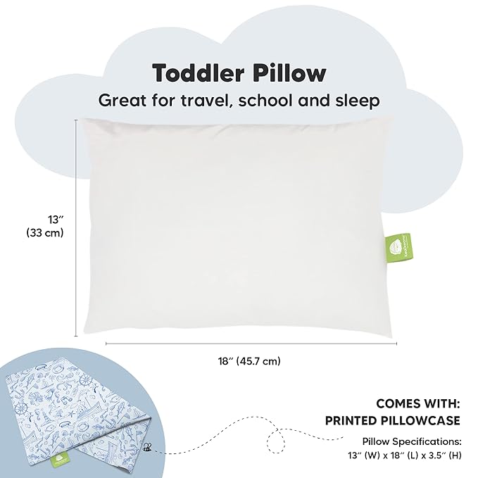 Toddler Pillow with Pillowcase - 13x18 My Little Dreamy Kids Travel Bed Pillows for Sleeping, Organic Cotton Small Pillowcase, Soft & Breathable, Machine Washable, Toddlers 2-5 Years Old (Nautical)