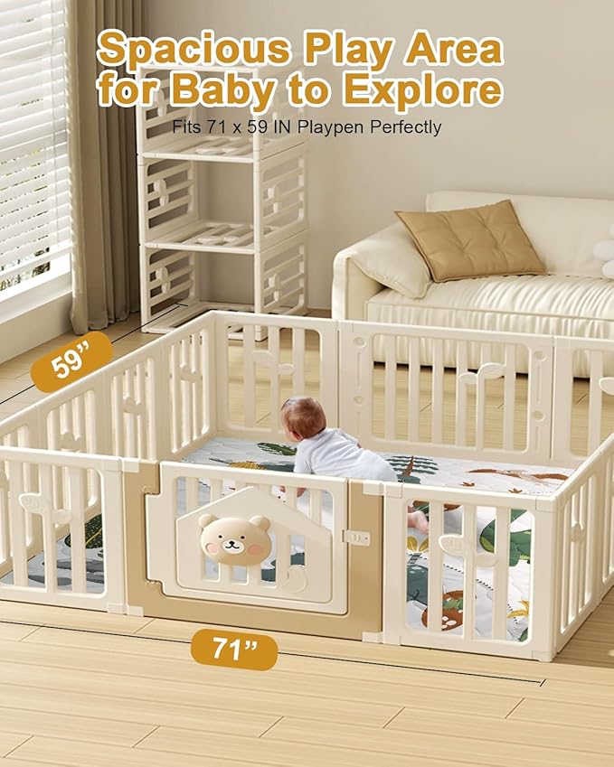 Premium Foam Baby Play Mat 71x59 – Removable & Machine Washable Cover, Extra Thick Padding Playpen Mat, Non-Slip Crawling Mat, Easy to Clean for Infants, Toddlers & Babies