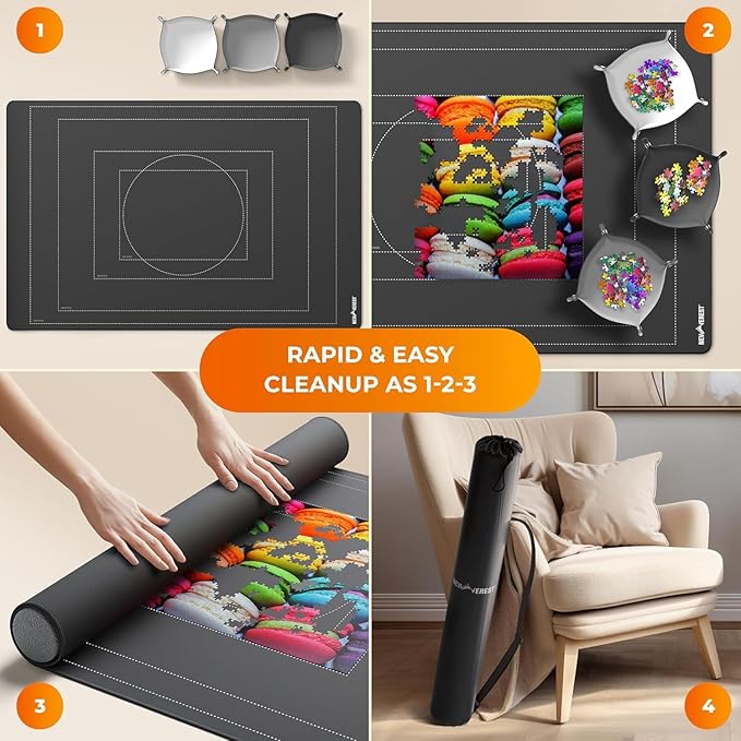 Newverest Jigsaw Puzzle Mat Roll Up, Saver Pad 55” x 35.5” Portable Keeper Up to 3000 Pieces with Non-Slip Rubber Bottom and Polyester Top + 3 Puzzle Sorting Trays, Travel-Friendly Storage Bag