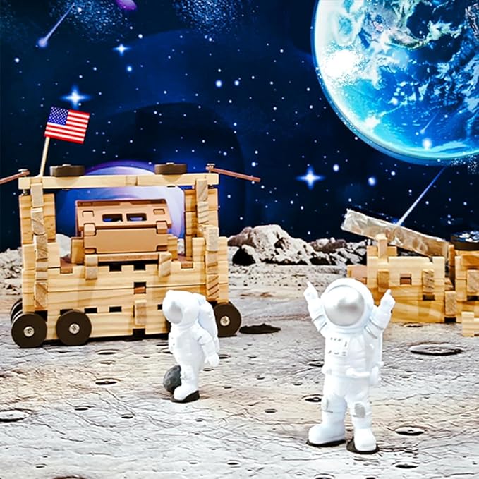 Jovi-mindly＆Notchies Space Wooden Blocks Set 101 PCS Create 40+ Shapes,Toys Educational Wooden Building Blocks Puzzles for Kids Ages 5-8 Boys and Girls,Truck/Excavator,FSC Certified