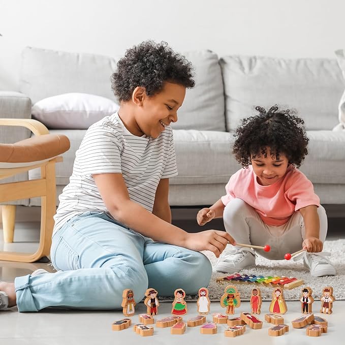 Blosssound 36 Pcs Multicultural Wooden Character Set Small Wooden People Figures Small Diversity Country Couples Wood Blocks for Preschool Classroom Play Games Educational Activity Supplies