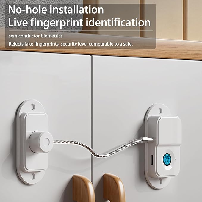 Fingerprint Fridge Lock, Refrigerator Lock with Fingerprint, for Fridge, Cabinet locks, Drawers, Dishwasher, Toilet and Cabinet Locks Baby Proofing, 3M Adhesive No Drilling (White)