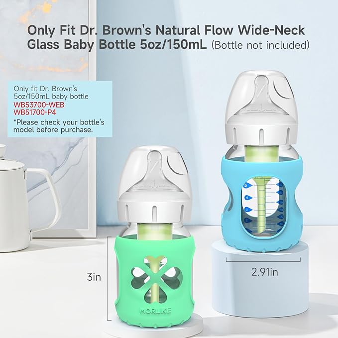 MORLIKE 4 Pack Silicone Sleeves Only Fit 5 oz/150 mL Dr. Brown's Wide Neck Glass Baby Bottle, 100% Silicone Covers Protect Baby Glass Bottle, Easy to Grip Bottle Holders for ‎WB53700-WEB ‎WB51700-P4
