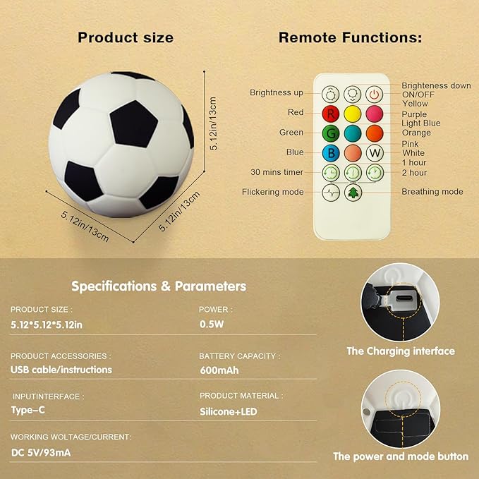 Soccer Silicone Night Light for Kids , 9 Colors with Remote Timer, Dimmable Rechargeable Baby Night Lights for Nursery, Battery Operated Lamp for Bedroom, Girls and Boys, Toddler, Baby Gifts (5.12 IN)