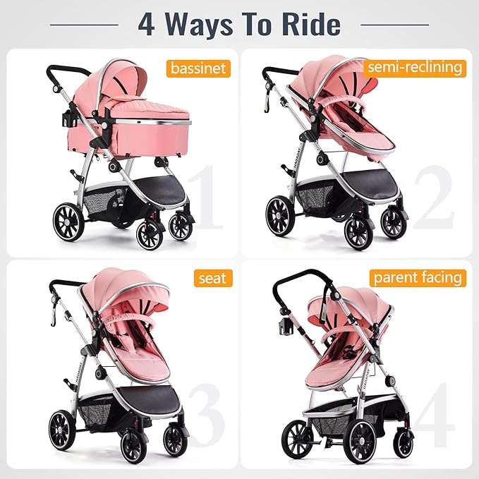 Baby Stroller, 2-in-1 Reversible Toddler Seat with Bassinet Mode, Foldable Infant Stroller with Canopy, One Button Brake, Adjustable Handle, Newborn Pushchair(Pink)