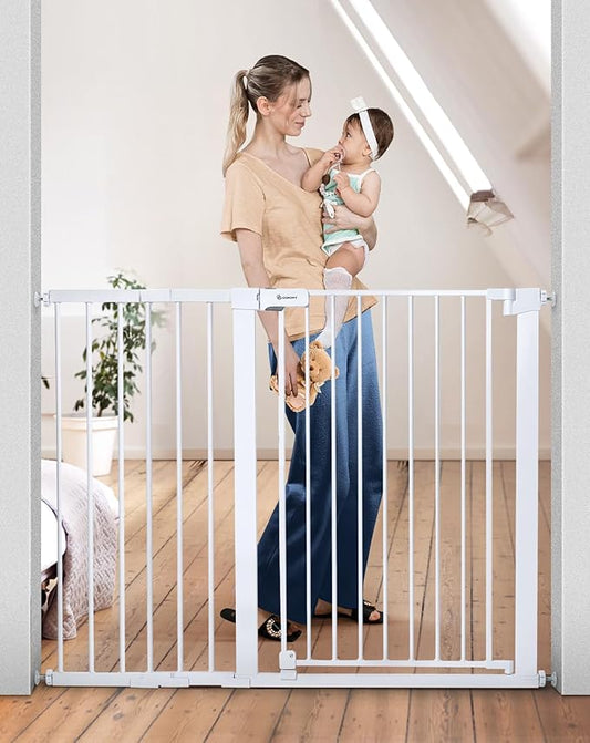 COMOMY 36" Extra Tall Baby Gate for Stairs Doorways, Fits Openings 29.5" to 48.8" Wide, Auto Close Extra Wide Dog Gate for House, Pressure Mounted Easy Walk Through Pet Gate with Door, White