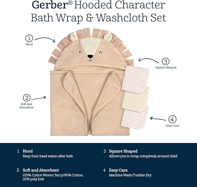 Gerber Baby 4 Piece Animal Character Hooded Towel and Washcloth Set, Brown Lion, One Size
