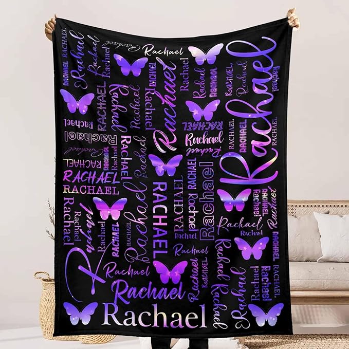 Personalized Name Blanket for Kids Adults, Custom Blanket with Name for Girls Boys, Purple Butterfly Blankets and Throws Super Soft Flannel Blankets Gifts for Christmas Birthday