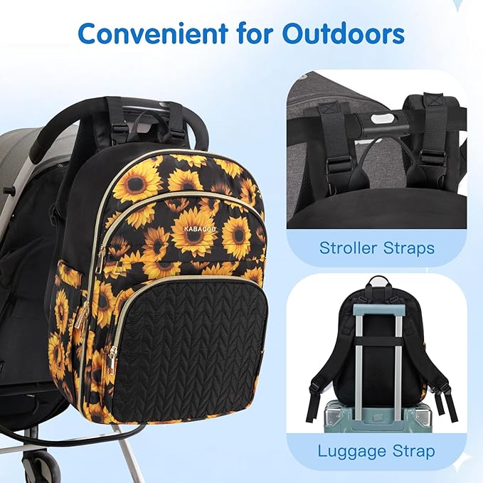 KABAQOO Baby Diaper Bag Backpack, Waterproof Diaper Backpack for Mom & Dad with Changing Pad, Insulated Pockets and Stroller Straps, Baby Shower Gifts for Girls & Boys, Sunflower