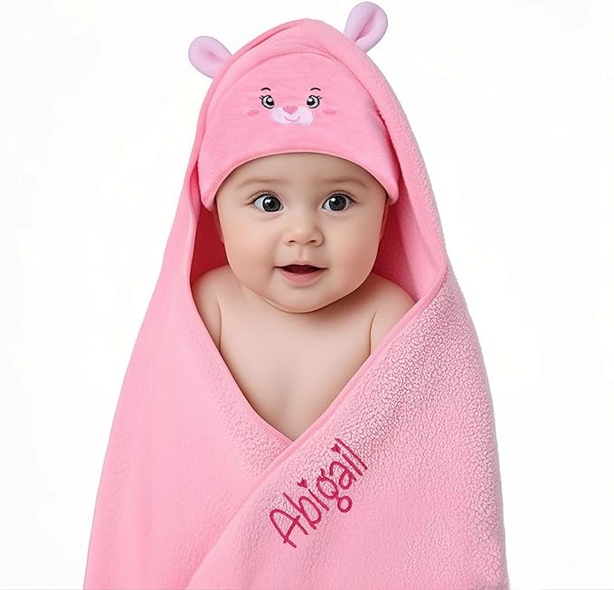 Personalized Baby Towels for Newborn Custom Embroidery Name Hooded Baby Bath Towels for Boy Girl Newborn Essentials Must Haves Shower Gift Soft Coral Velvet 30"x30" (Pink)