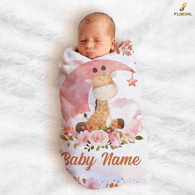 FLOCHIL Personalized Baby Blanket for Girls, Custom Baby Blanket with Name, Customized Baby Products, Gift for Baby, Newborn, Baby Shower (Giraffe)