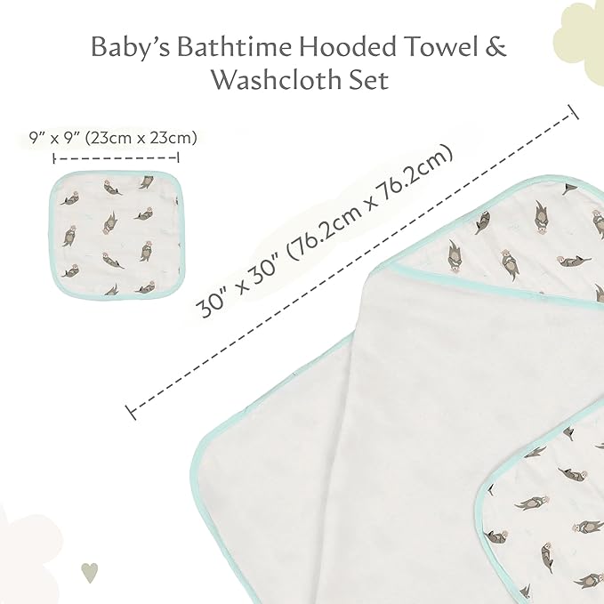 Bamboo Viscose Baby Hooded Towel & Washcloth Set for Babies and Toddlers, Soft & Absorbent, 70% Viscose from Bamboo, 30% Cotton Muslin - Imported (Otter)