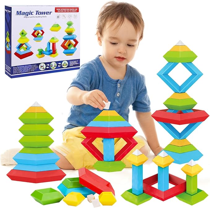 Tsomtto Montessori Toys for 1 2 3 4 5 6 Year Old Boy Girl Toddlers Preschool Learning Activities 30 Pcs Stacking Building Blocks STEM Stackable Educational Sensory for Kids Age 1-3 3-5