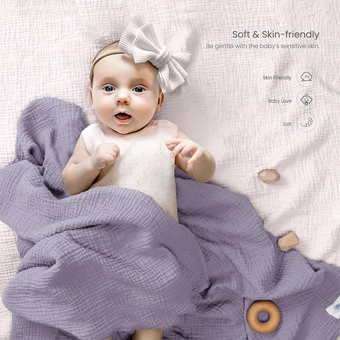 lulumoon Muslin Swaddle Blanket Baby - Cotton Swaddling Blanket Soft Baby Receiving Blankets Neutral 3Pack(Pink+Purple)