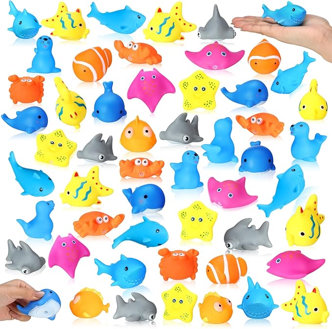 Poen 100 Pcs Rubber Bath Toys Bulk Cute Sea Animals Bathtub Toys Floating Ocean Squeaky Animals for Birthday Party Supplies Summer Pool Favors Baby Shower Classroom Carnival Prizes, 10 Styles