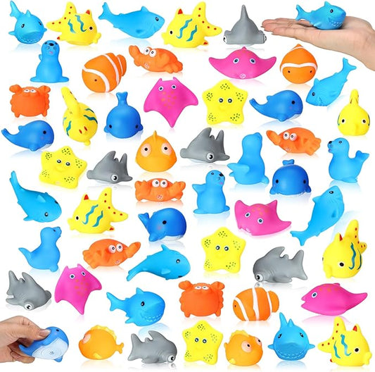 Poen 100 Pcs Rubber Bath Toys Bulk Cute Sea Animals Bathtub Toys Floating Ocean Squeaky Animals for Birthday Party Supplies Summer Pool Favors Baby Shower Classroom Carnival Prizes, 10 Styles
