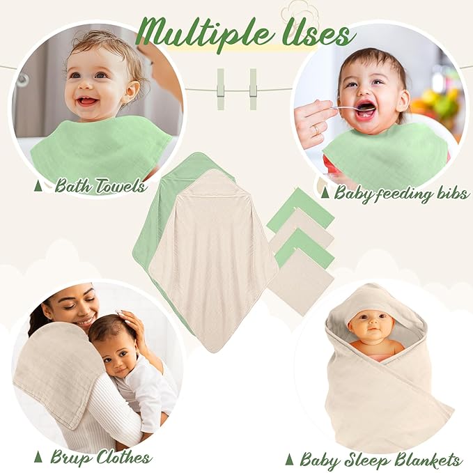 Preboun 6 Pcs Muslin Hooded Baby Towels and Washcloths 32"x 32" Cotton Newborn Bath Towel Anti-Shrink Infant Baby Blankets with Hood 12"x 12" Washcloths for Girl Boy Toddler(Ivory,Green)