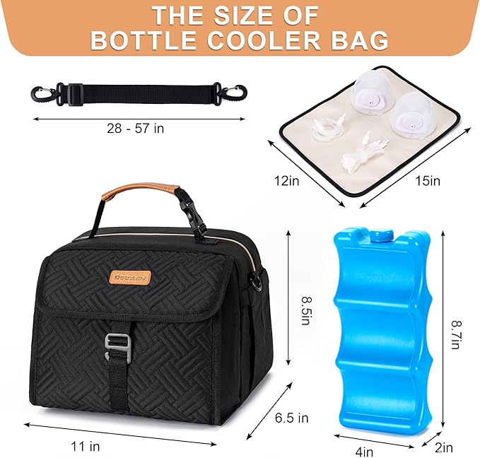 Breast Milk Cooler Bag with Ice Pack Fits 6 Bottles Milk Up to 9 Ounce, Breast Pump Cooler Bag for Nursing Mom Daycare, Work&Travel, Black