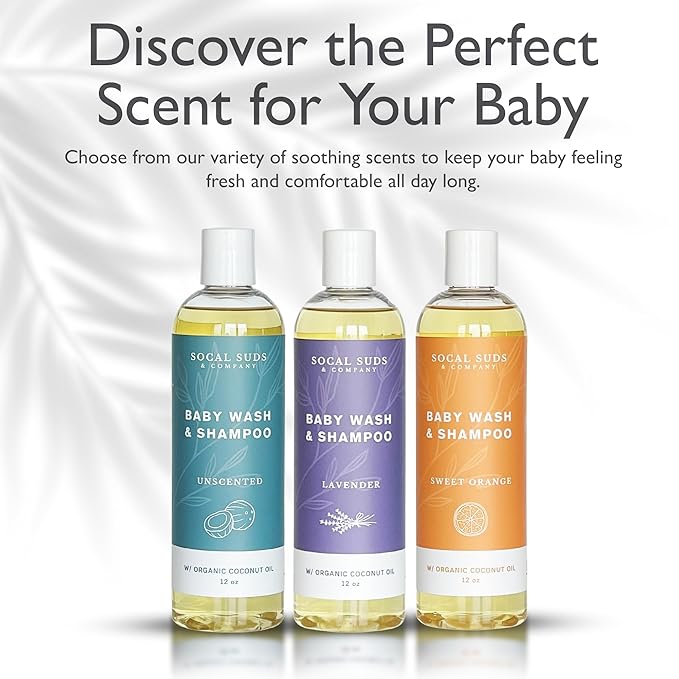SoCal Suds & Company Baby Shampoo & Body Wash, 2-in-1 Organic Gel - Gentle Castile Soap with Vitamin-Infused Oils & Botanicals for Sensitive Skin & Body Hypoallergenic - 12oz Fragrance Free