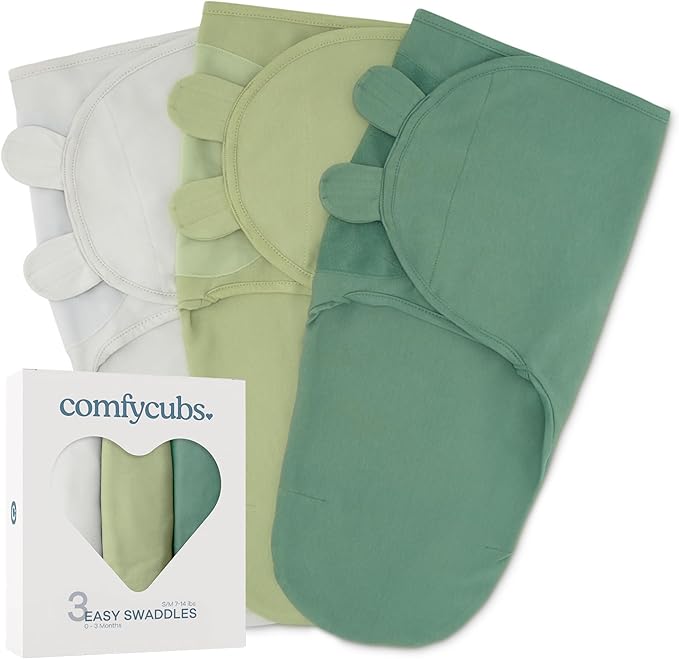 Comfy Cubs Easy Swaddle Blanket, 3 Pack - 100% Cotton Newborn Wrap, Small for 0-3 Months Infants, with Adjustable Velcro, Breathable and Durable Sleep Sack for Babies - Stone, Sage, Azul